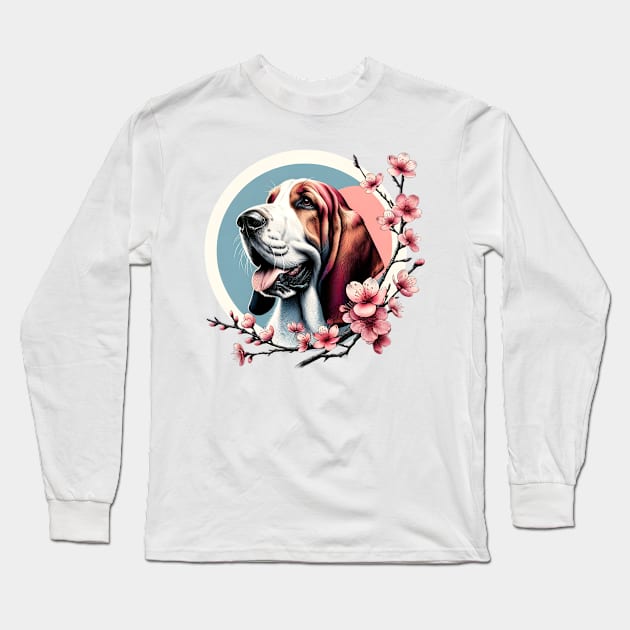 Joyful Grand Basset Griffon Vendeen with Spring Cherry Blossoms Long Sleeve T-Shirt by ArtRUs